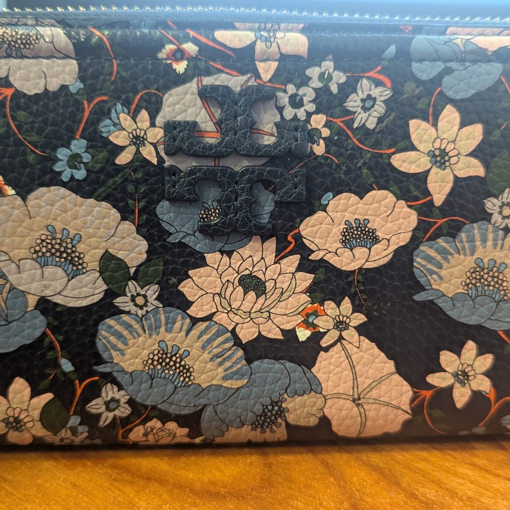 Tory Burch Floral Zip Wallet in Black, Blue, Cream